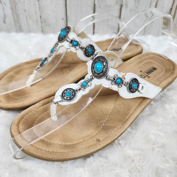 Minnetonka Leather Rhinestone White Sandals Size 7 - Picture 1 of 7
